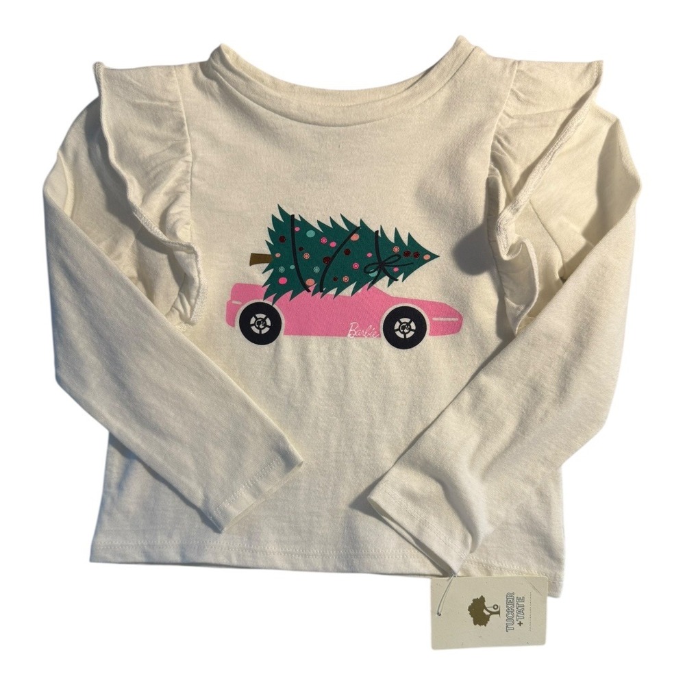 Tucker Tate Barbie Christmas Tree Car Long Sleeve Ruffle Top Kids Size 6
